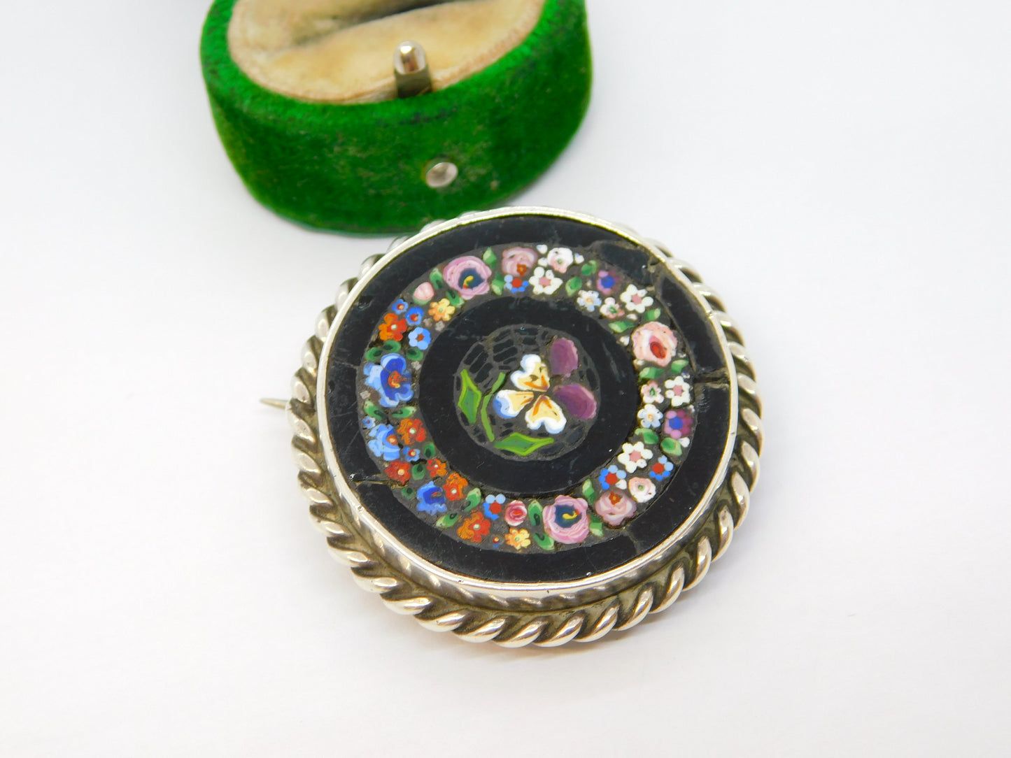 19th Century Sterling Silver Colourful Floral Micro Mosaic Antique c1860