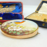 9ct Rose Gold Crown Staffordshire Painted Bird Brooch Antique c1920 Art Deco