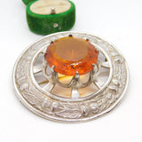 Scottish Large Silver Plated Citrine Paste Thistle Kilt Brooch Antique c1920s