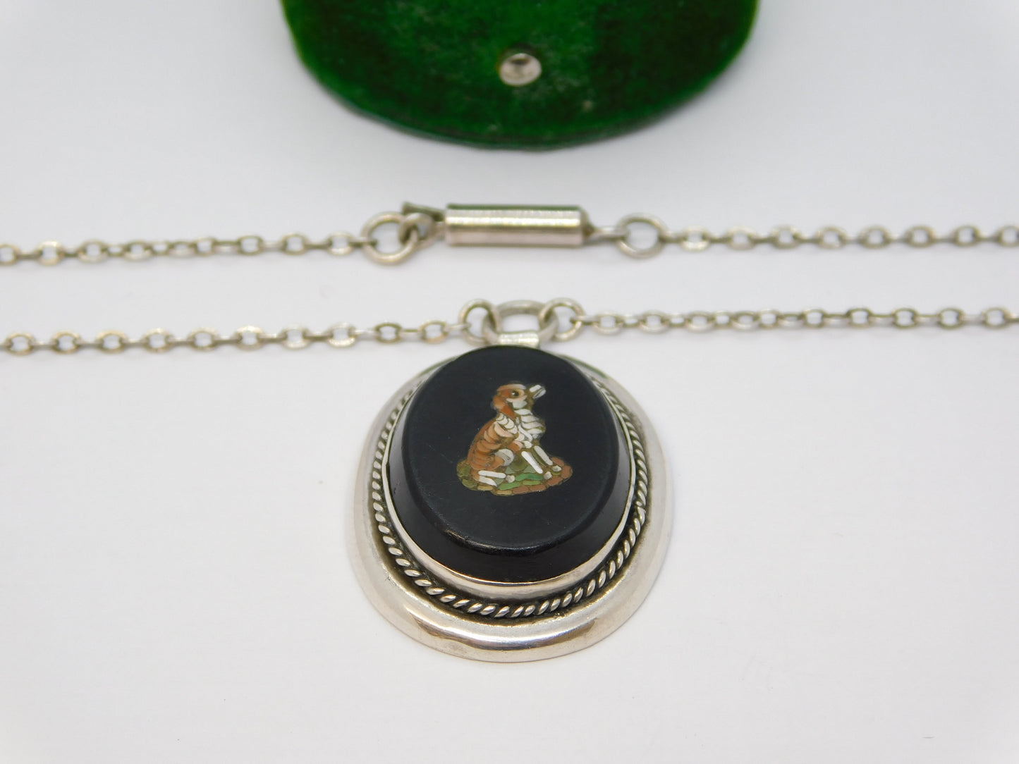 19th Century Sterling Silver Spaniel Dog Micro Mosaic Pendant Necklace Antique c1880