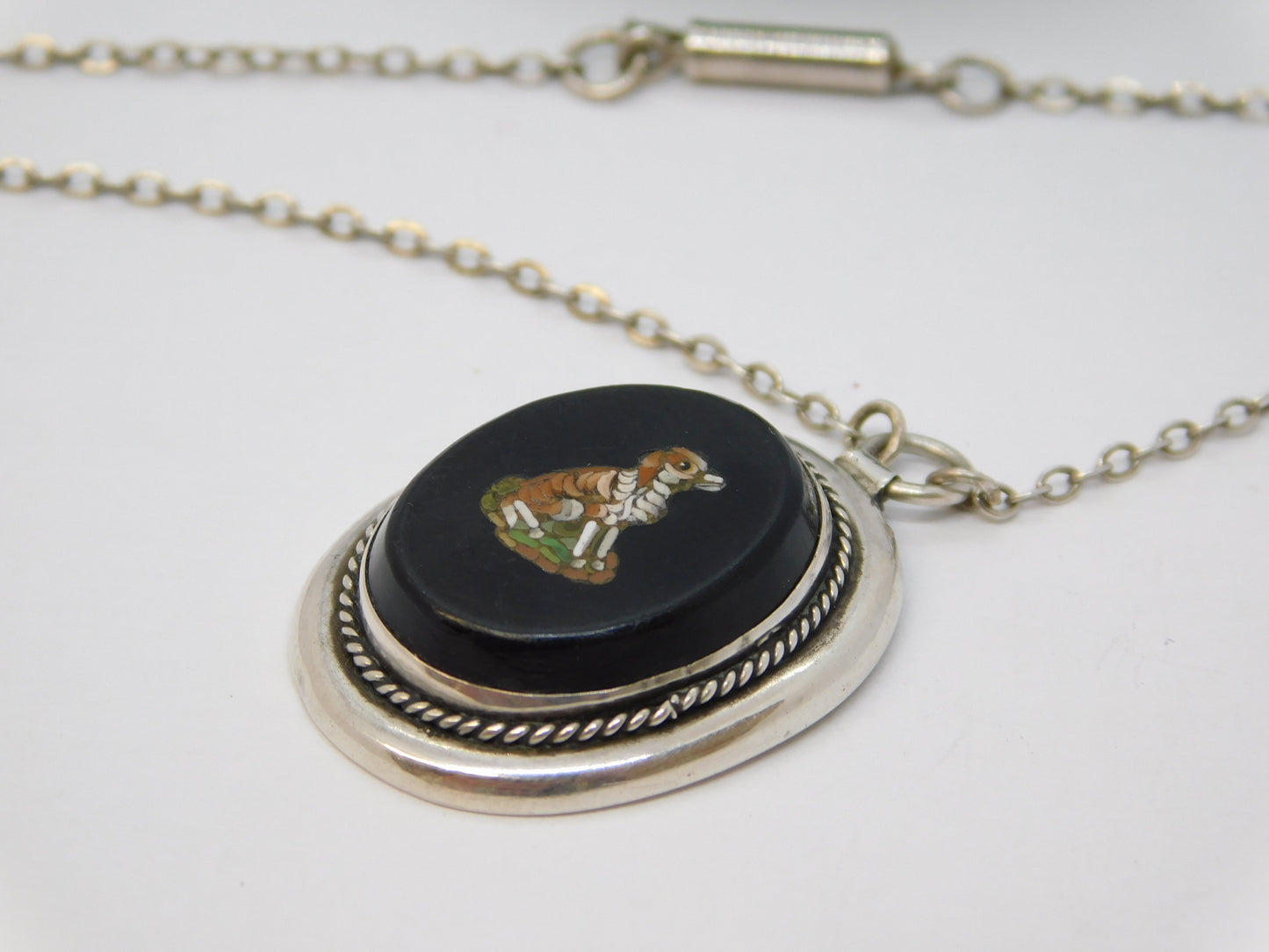 19th Century Sterling Silver Spaniel Dog Micro Mosaic Pendant Necklace Antique c1880