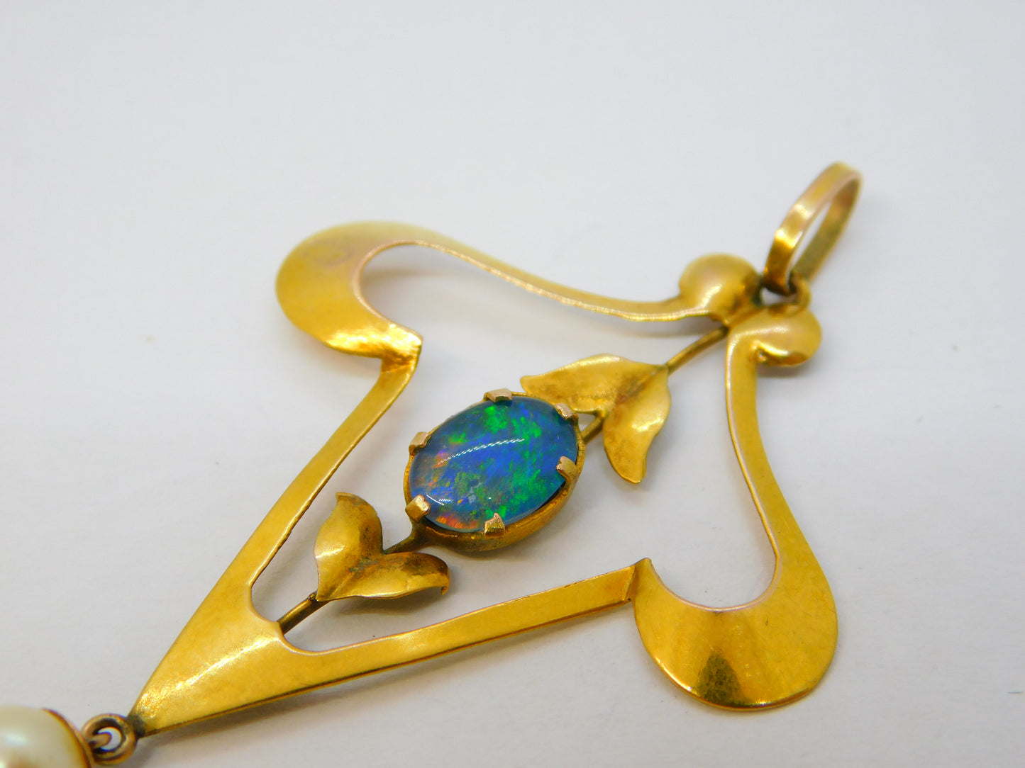 Edwardian 9ct Gold, Doublet Opal & Pearl Lavalier Drop Pendant Antique c1910