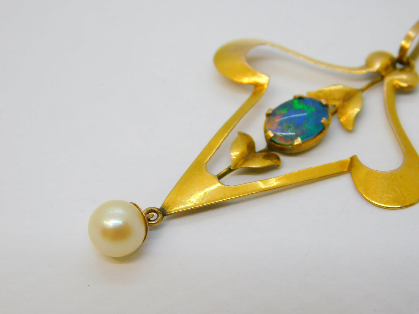 Edwardian 9ct Gold, Doublet Opal & Pearl Lavalier Drop Pendant Antique c1910