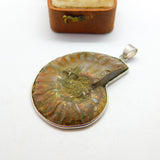 Sterling Silver Large Ammonite Fossil Set Drop Pendant Vintage c1970