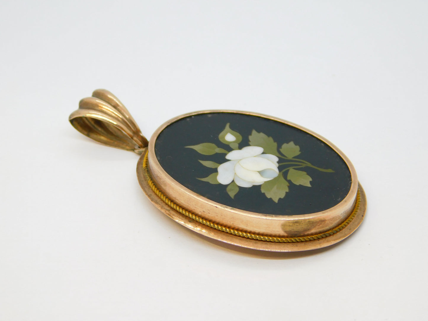 19th Century 9ct Rose Gold Italian Pietra Dura White Flower Locket Pendant c1880