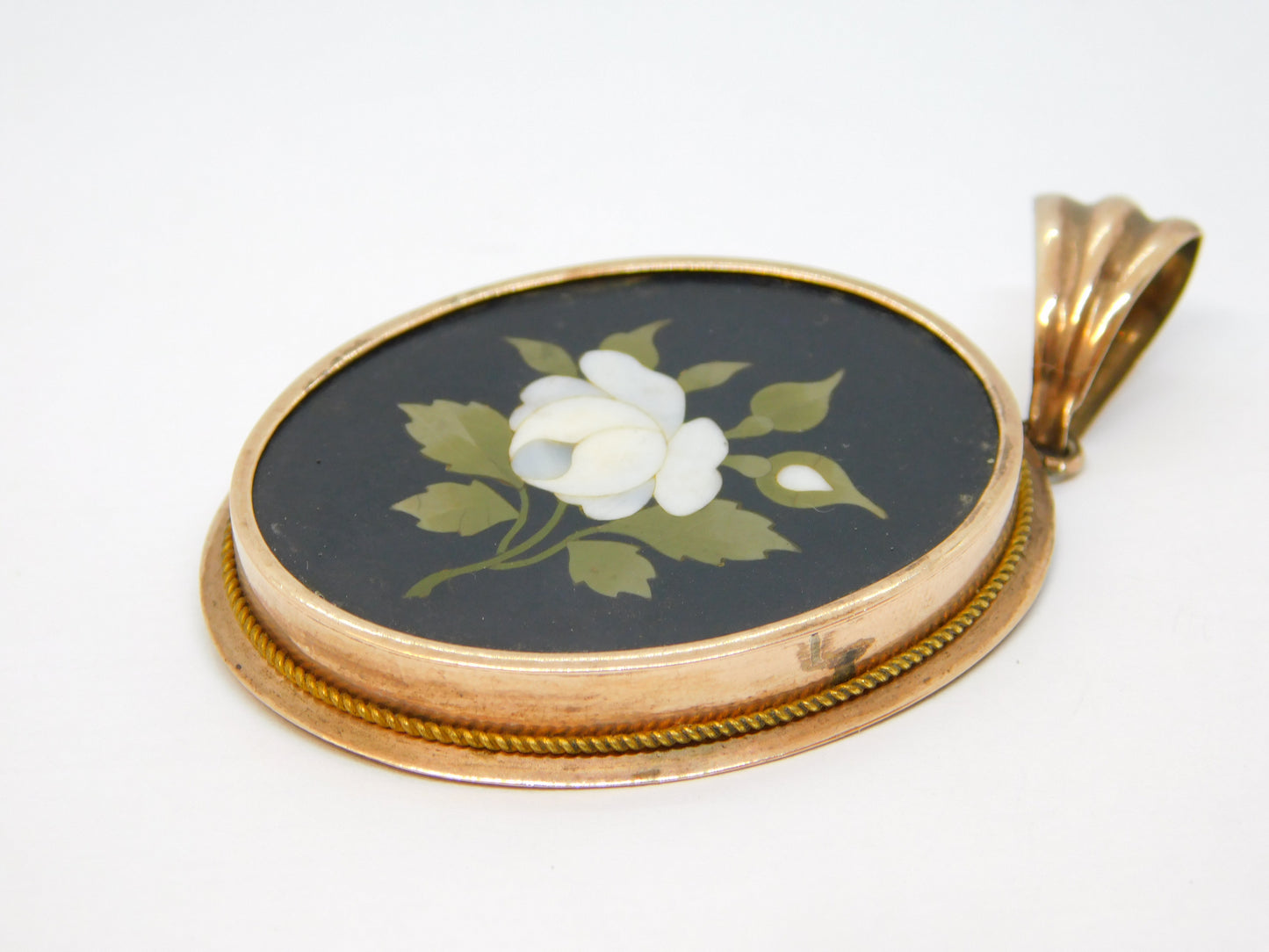19th Century 9ct Rose Gold Italian Pietra Dura White Flower Locket Pendant c1880