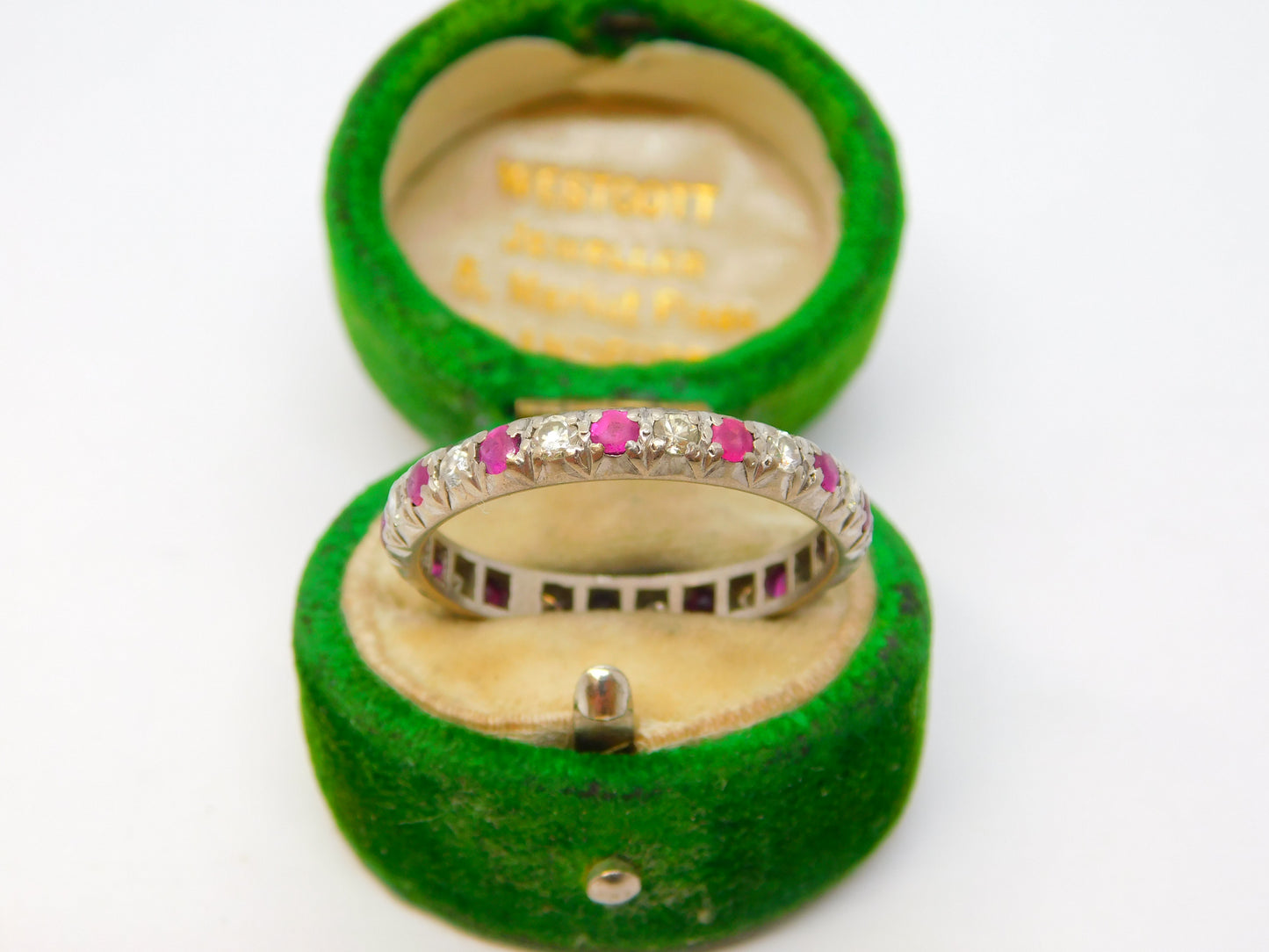 19th Century 18ct White Gold, Diamond & Ruby Eternity Wedding Ring Antique