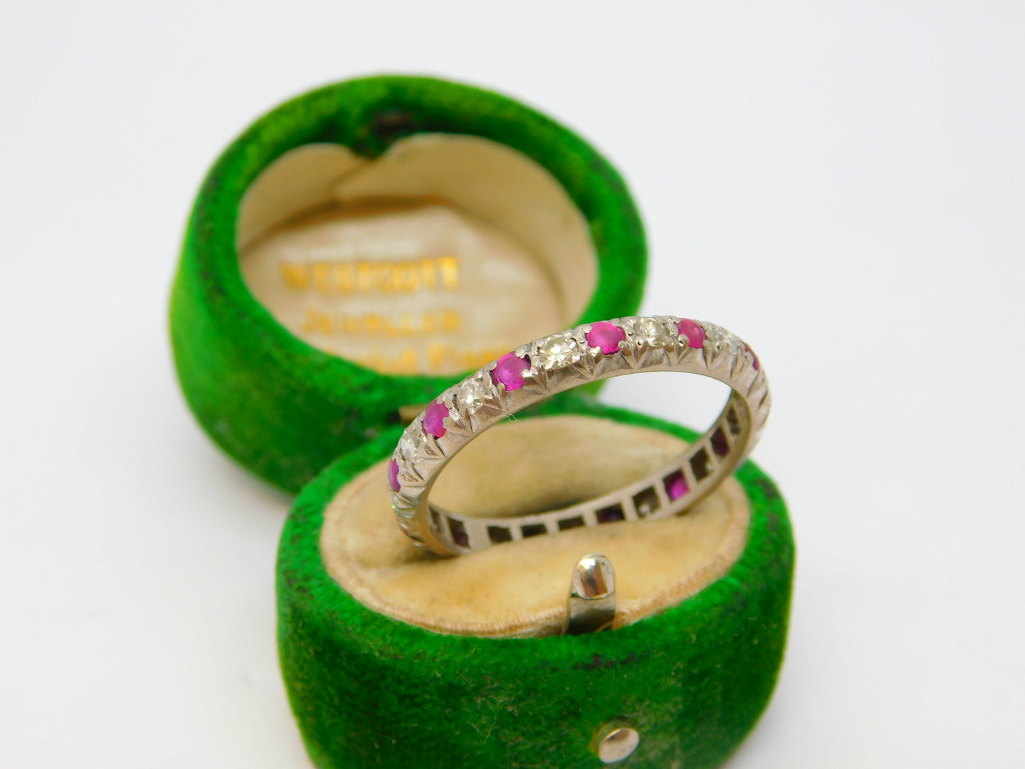 19th Century 18ct White Gold, Diamond & Ruby Eternity Wedding Ring Antique