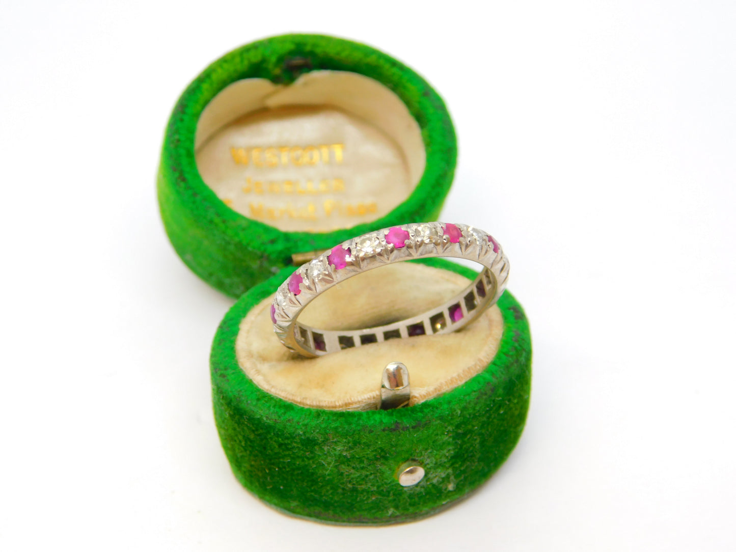 19th Century 18ct White Gold, Diamond & Ruby Eternity Wedding Ring Antique