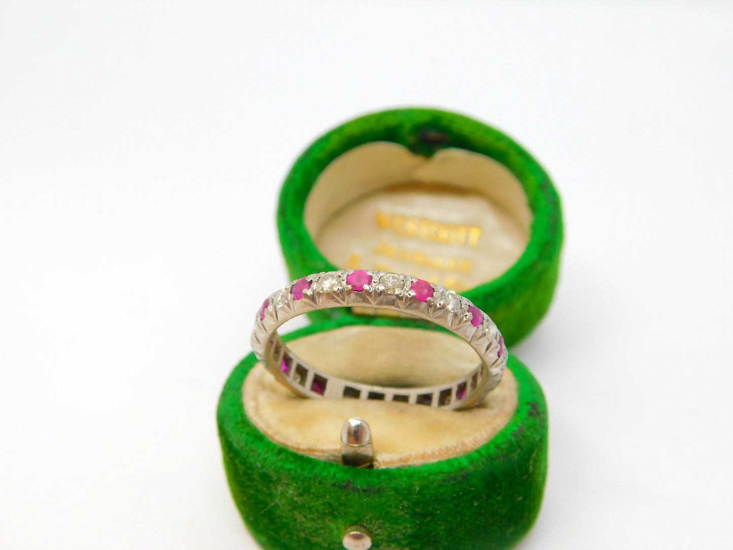 19th Century 18ct White Gold, Diamond & Ruby Eternity Wedding Ring Antique