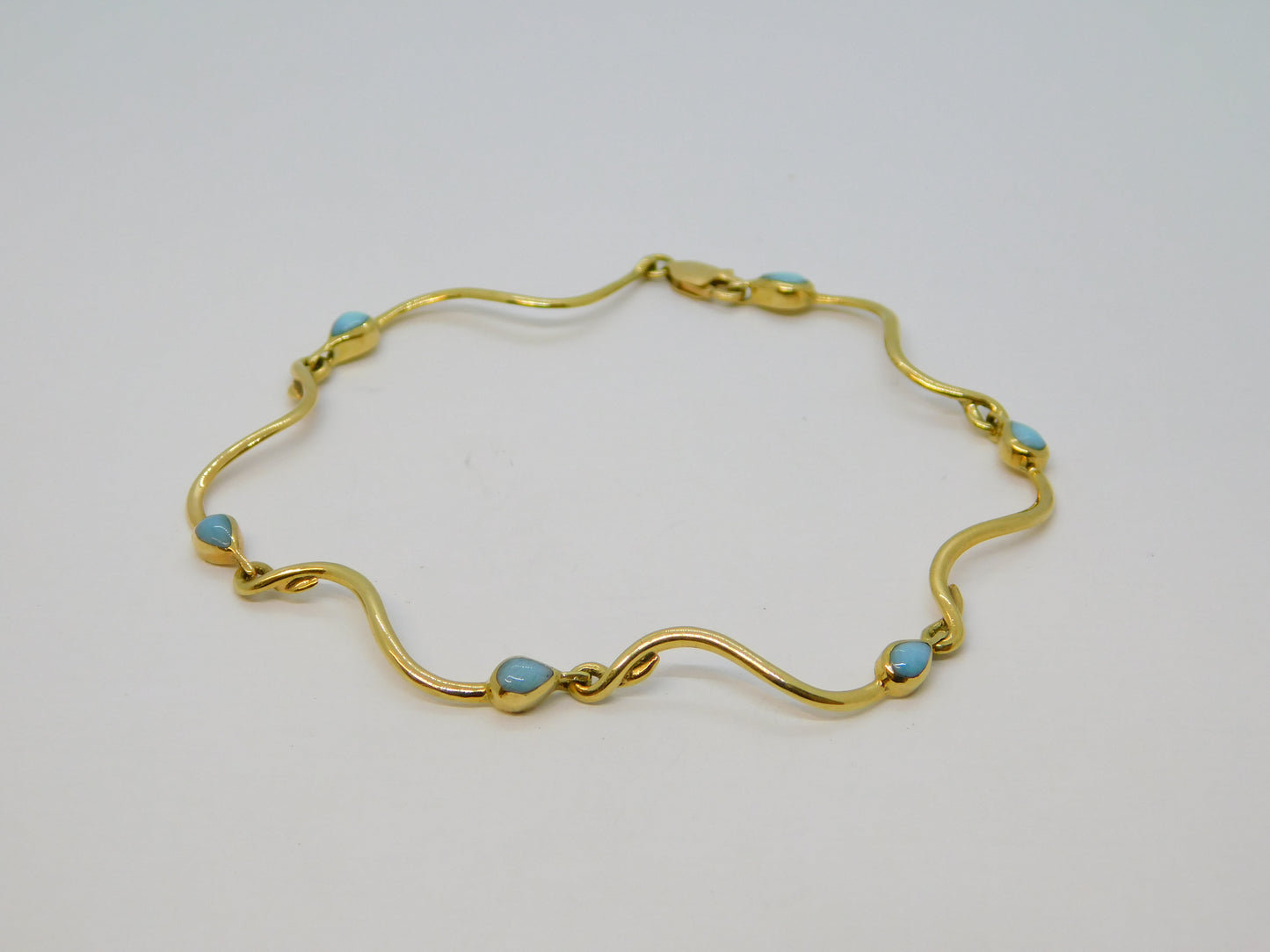 Italian 14ct Yellow Gold & Turquoise Wave Pattern Bracelet Vintage c1970