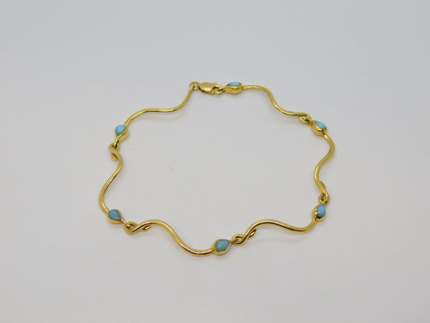 Italian 14ct Yellow Gold & Turquoise Wave Pattern Bracelet Vintage c1970