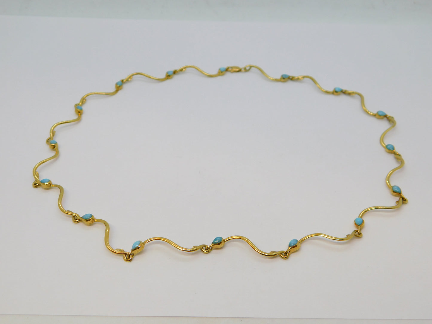 Italian 14ct Yellow Gold & Turquoise Wave Pattern Necklace Vintage c1970