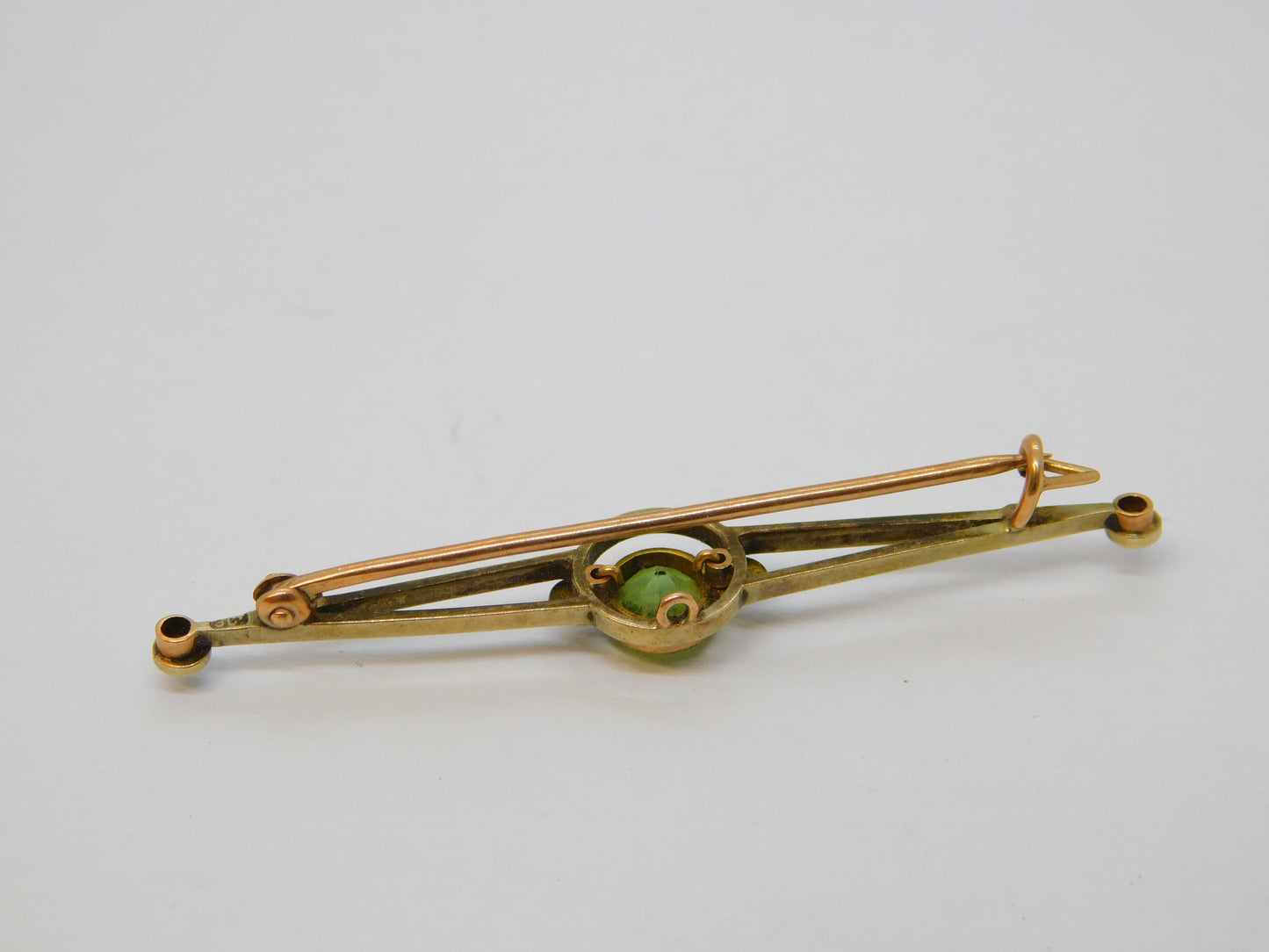 Edwardian 9ct Yellow Gold, Peridot & Seed Pearl Suffragette Brooch Antique c1910