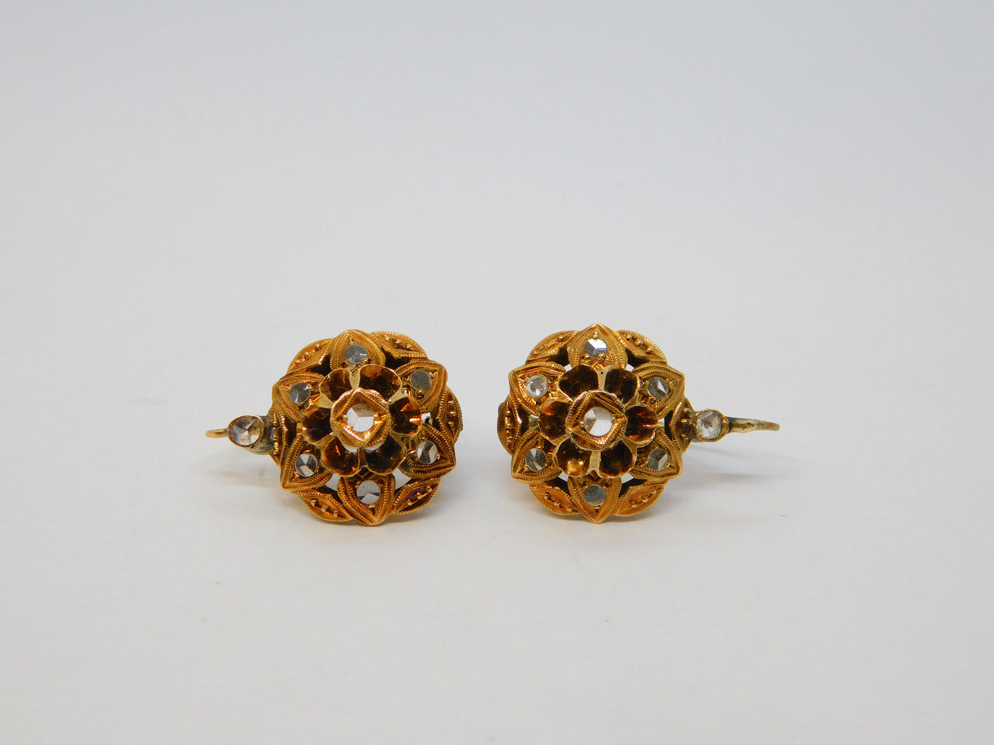 19th Century 14ct Yellow Gold Old-Cut Diamond Floral Earrings Antique c1860