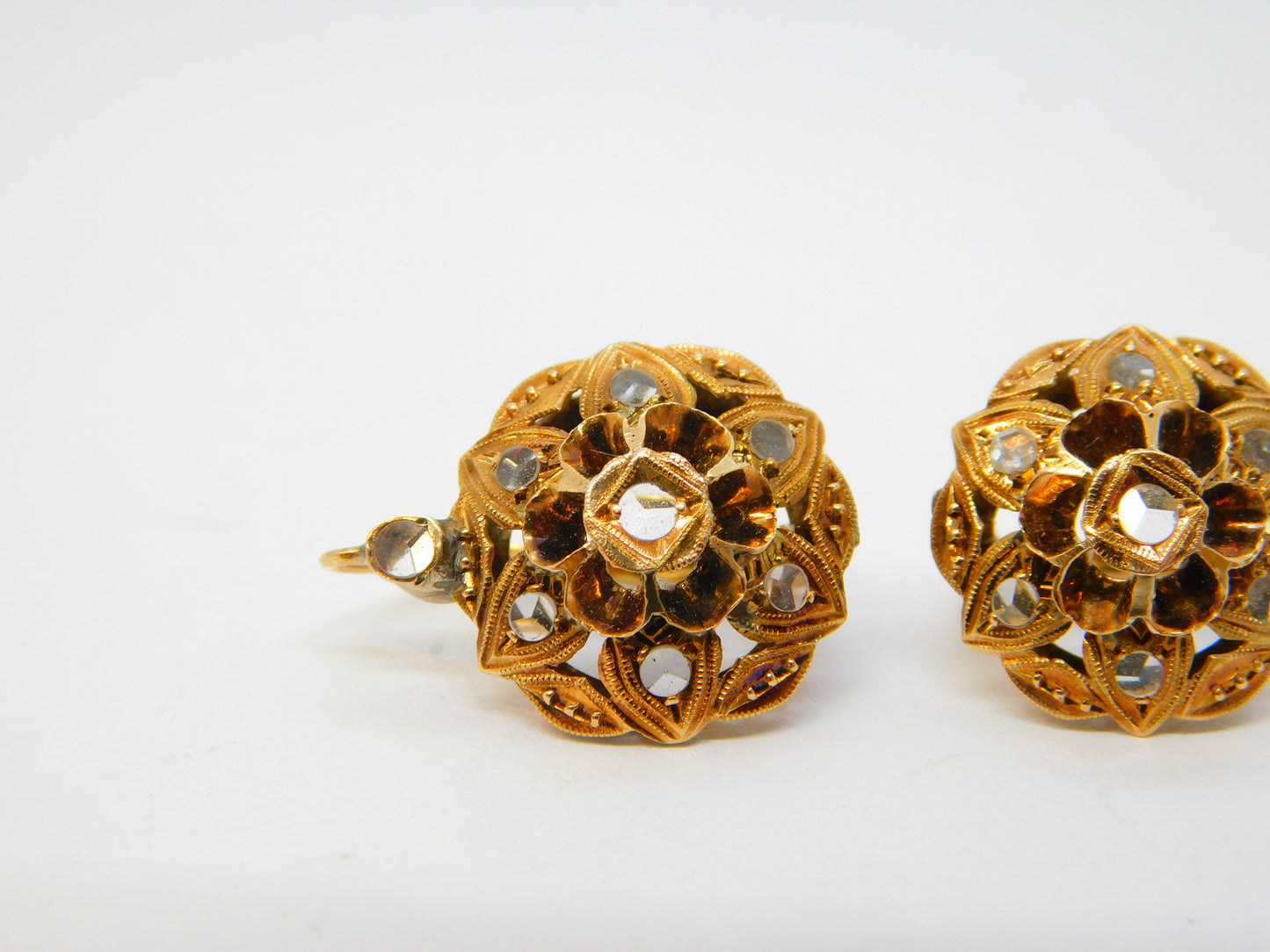 19th Century 14ct Yellow Gold Old-Cut Diamond Floral Earrings Antique c1860