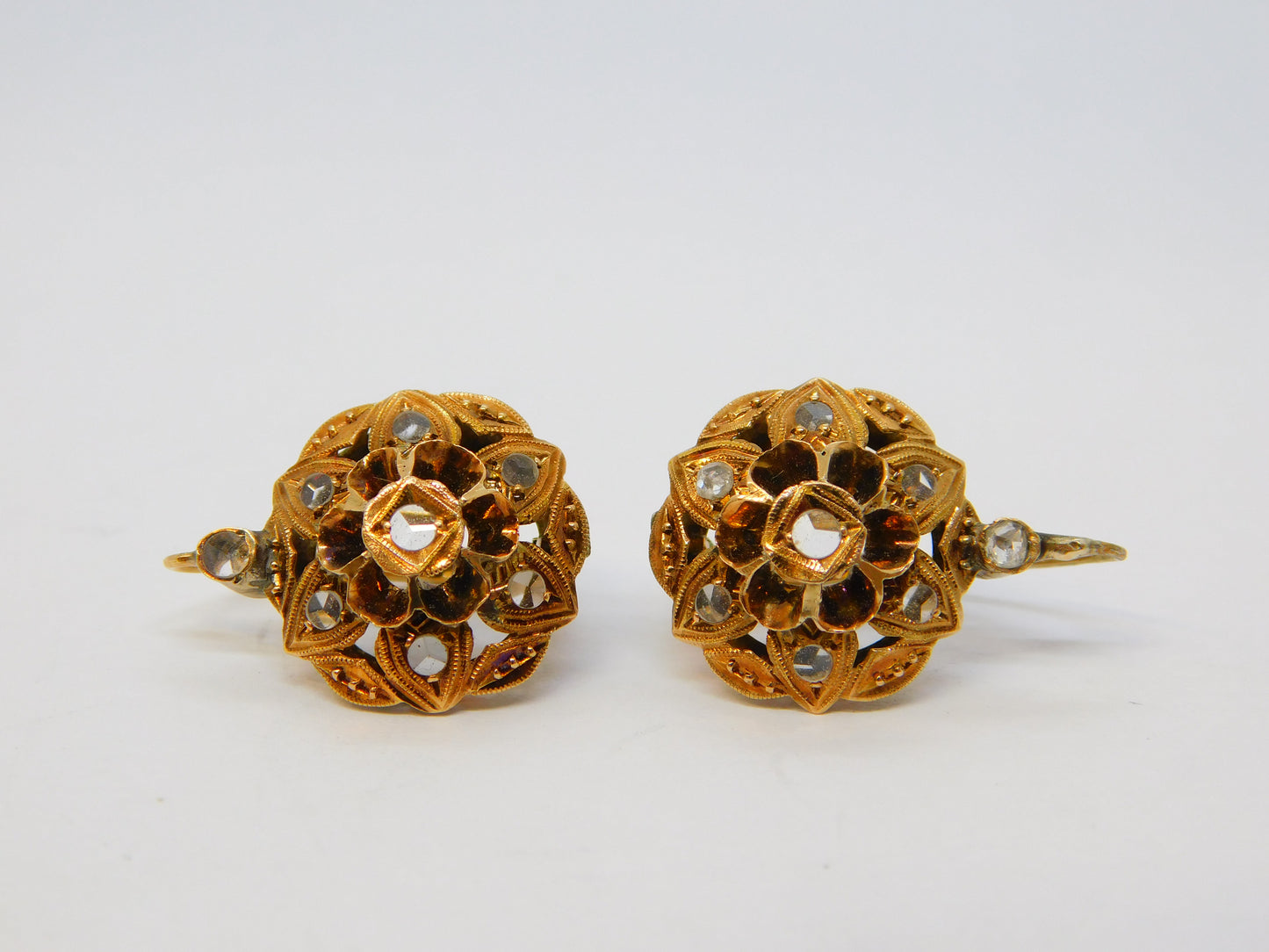 19th Century 14ct Yellow Gold Old-Cut Diamond Floral Earrings Antique c1860