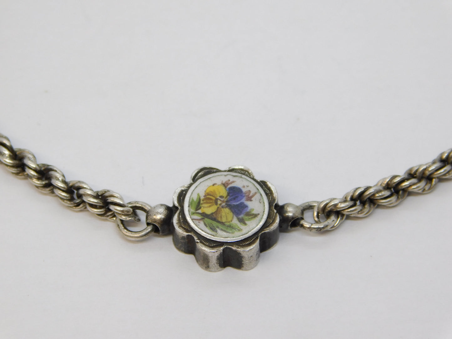 Victorian Sterling Silver & Floral Enamel Sweetheart Bracelet Antique c1890