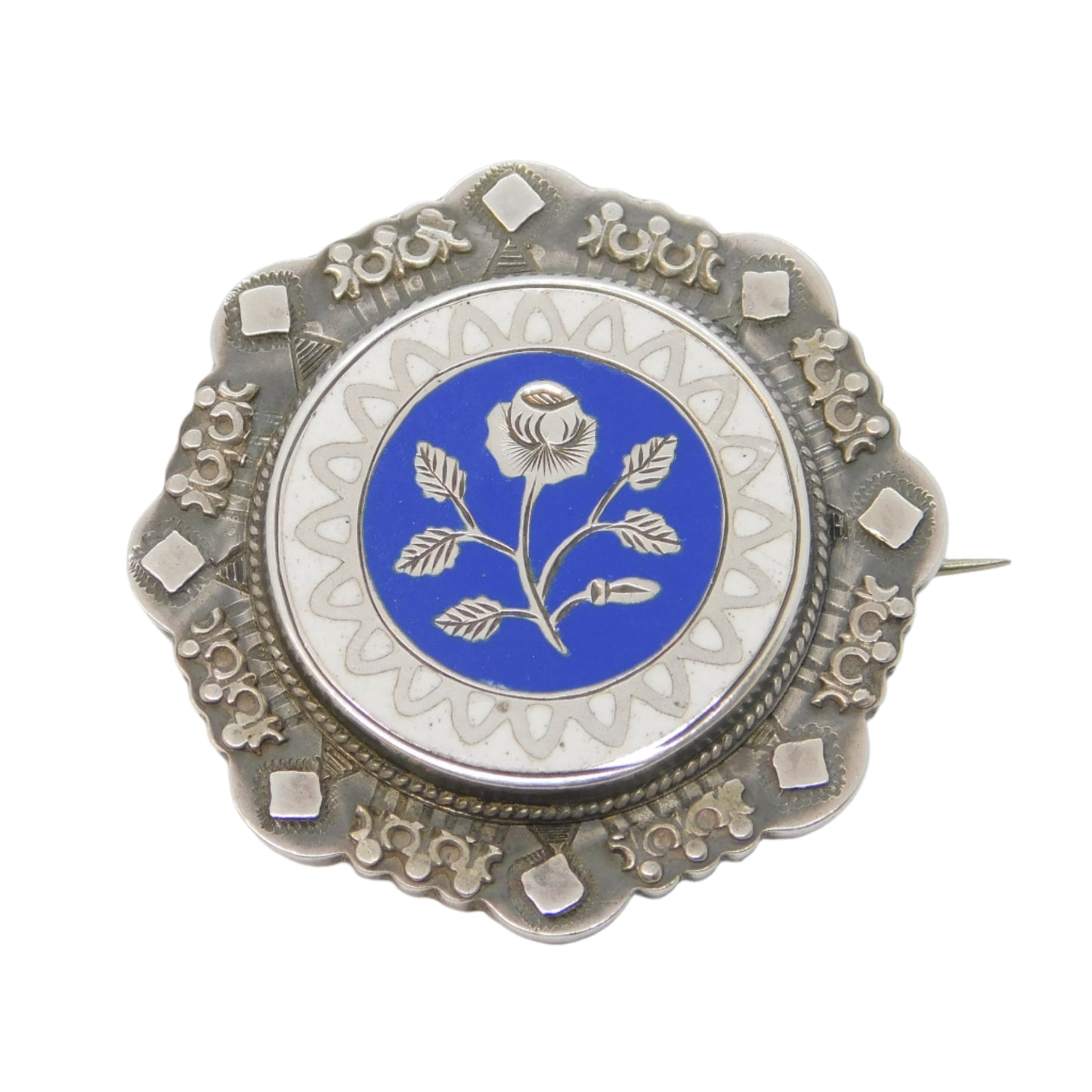 ANTIQUE SILVER ENAMEL FLORAL BROOCH
