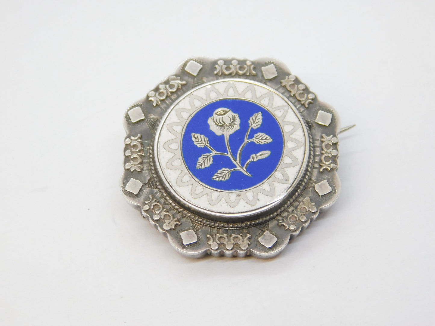 Victorian Sterling Silver & Blue-White Enamel Sweetheart Brooch Antique 1891 Birmingham