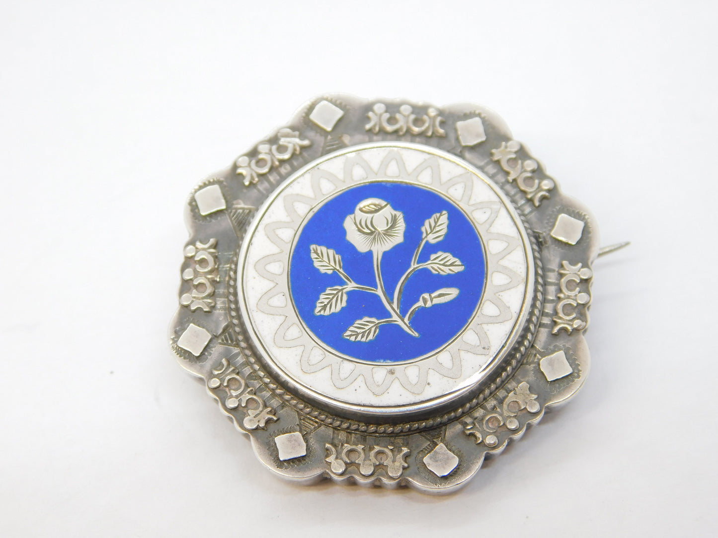 Victorian Sterling Silver & Blue-White Enamel Sweetheart Brooch Antique 1891 Birmingham