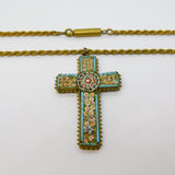 19th Century Italian Gilt Metal Floral Micro Mosaic Cross Pendant Necklace c1860