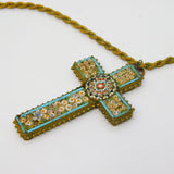 19th Century Italian Gilt Metal Floral Micro Mosaic Cross Pendant Necklace c1860