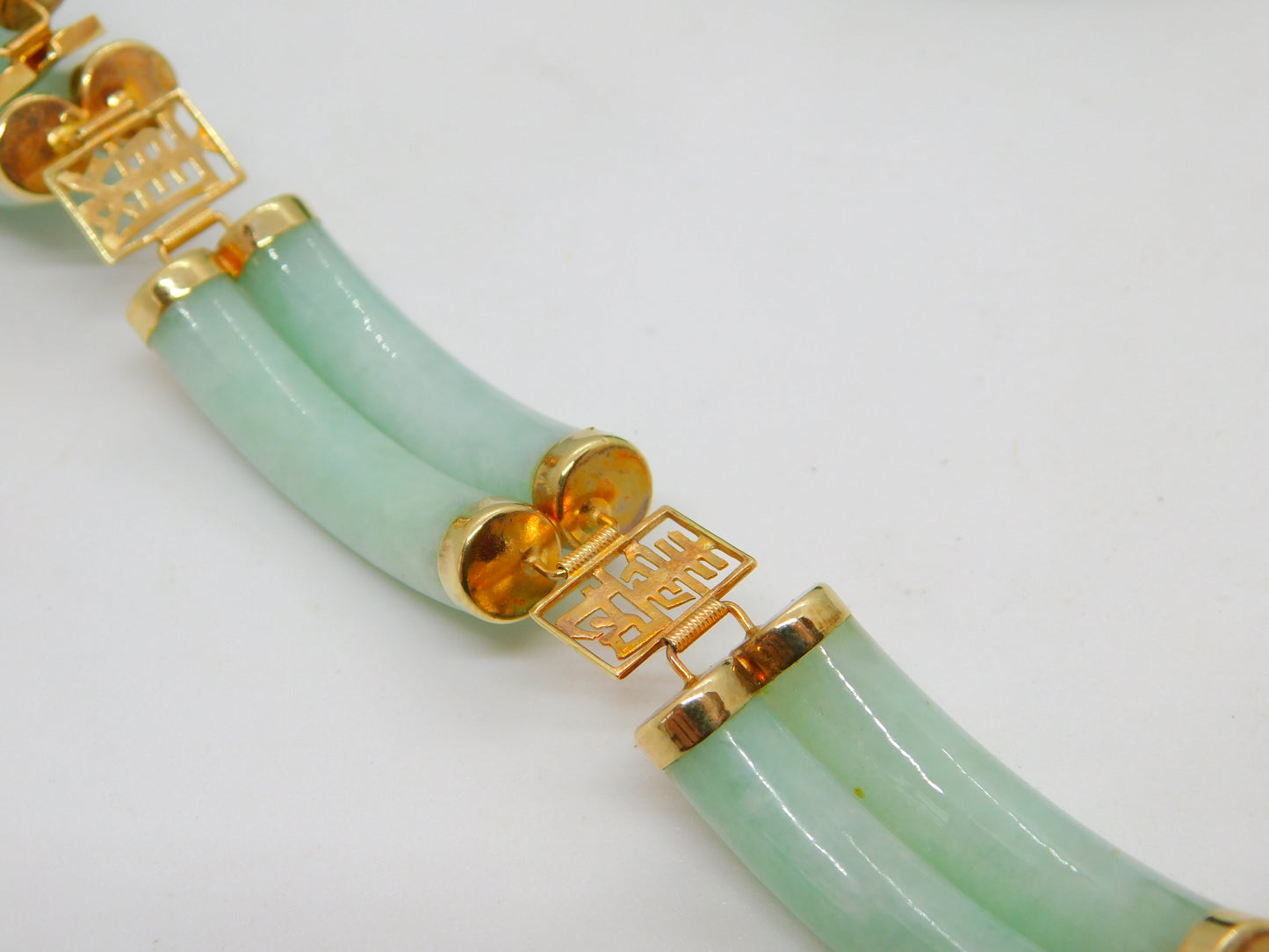 14ct Gold & Apple Green Jade Character Panel Bracelet Vintage 2001 Birmingham