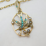 Victorian 9ct Gold, Seed Pearl & Turquoise Swallow Pendant Necklace Antique 1890