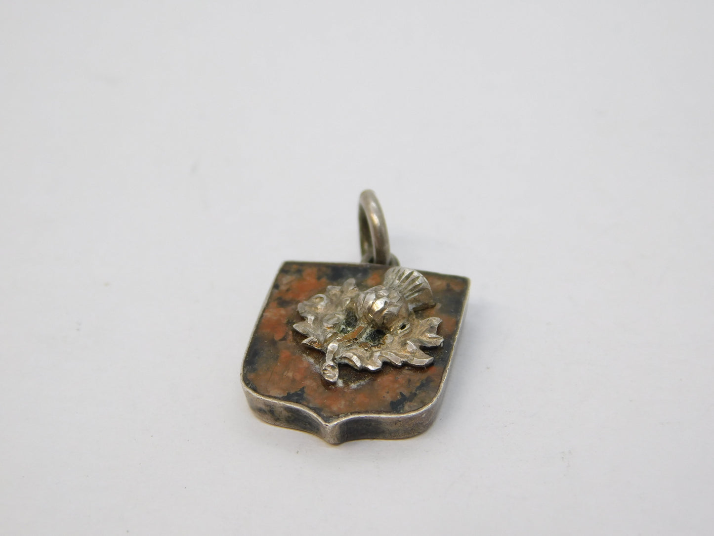 Sterling Silver & Red Granite Scottish Thistle Charm Antique 1911 Birmingham