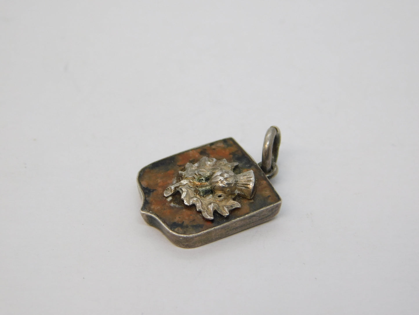 Sterling Silver & Red Granite Scottish Thistle Charm Antique 1911 Birmingham