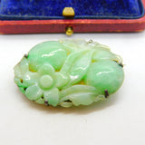 Sterling Silver & Carved Apple Green Jade Floral Brooch Antique c1930 Art Deco