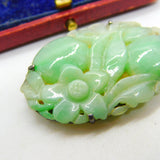 Sterling Silver & Carved Apple Green Jade Floral Brooch Antique c1930 Art Deco