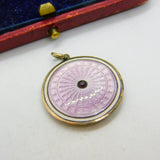 Sterling Silver & Pink Guilloche Enamel Disc Drop Pendant Antique c1920 Art Deco