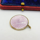 Sterling Silver & Pink Guilloche Enamel Disc Drop Pendant Antique c1920 Art Deco