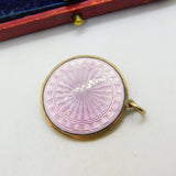 Sterling Silver & Pink Guilloche Enamel Disc Drop Pendant Antique c1920 Art Deco