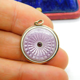 Sterling Silver & Pink Guilloche Enamel Disc Drop Pendant Antique c1920 Art Deco