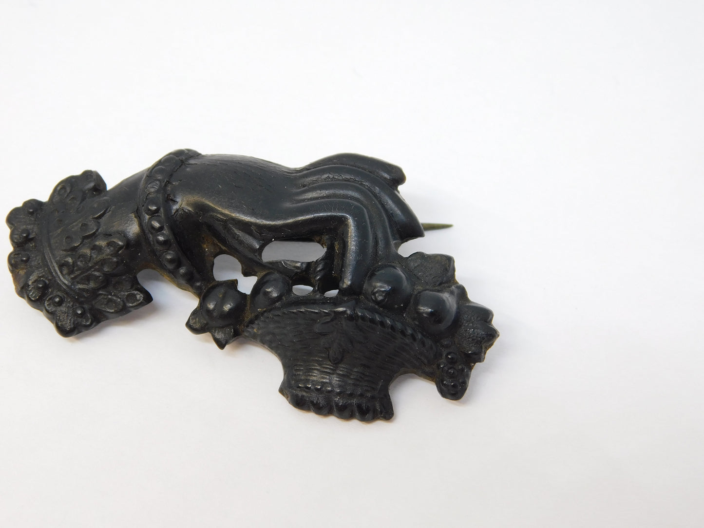 Victorian Carved Jet Hand Holding Flowers Mourning Brooch Antique c1860