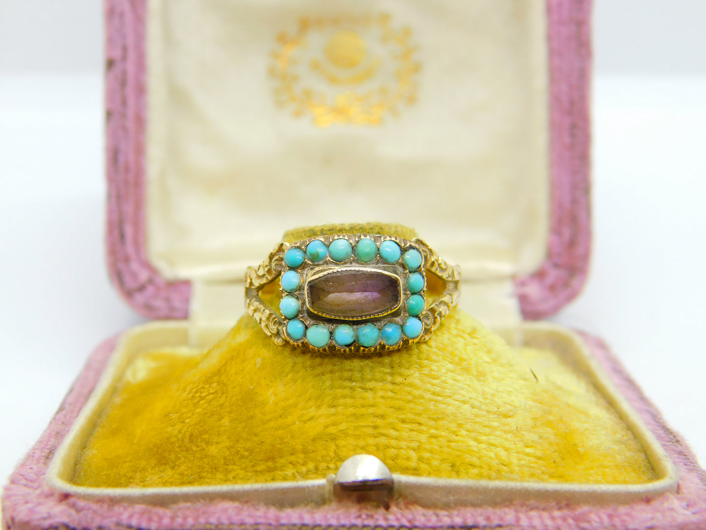 Georgian 18ct Gold, Amethyst & Turquoise Mourning Ring S. J'Anson 1822 London