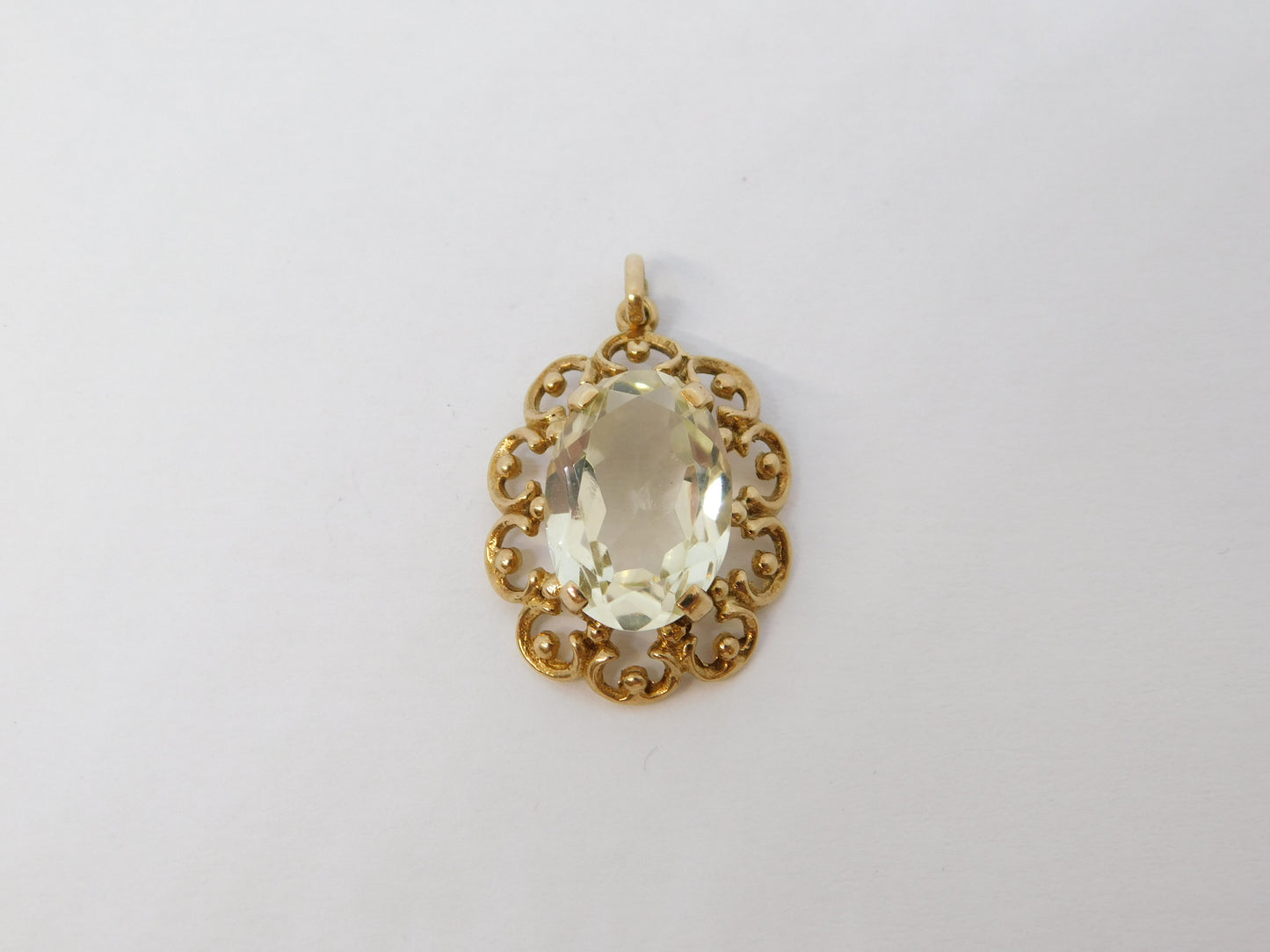 9ct Yellow Gold Carved Citrine Set Floral Drop Pendant Vintage 1968 London