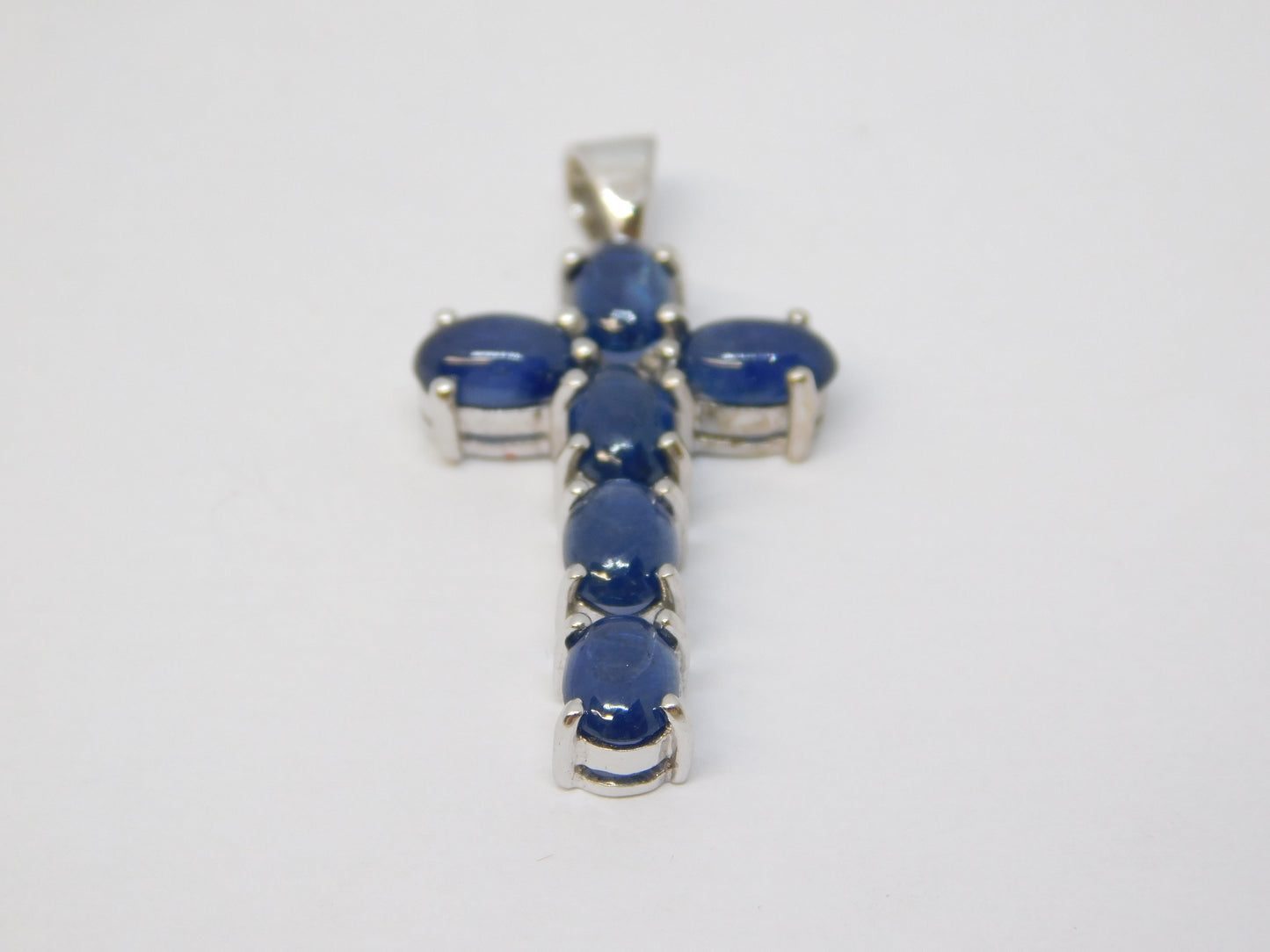 9ct White Gold Cabochon Cut Sapphire Cross Pendant Vintage c1990 Birmingham