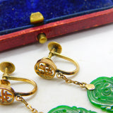 14ct Yellow Gold Character Form Jade Screw-Back Drop Earrings Antique c1940