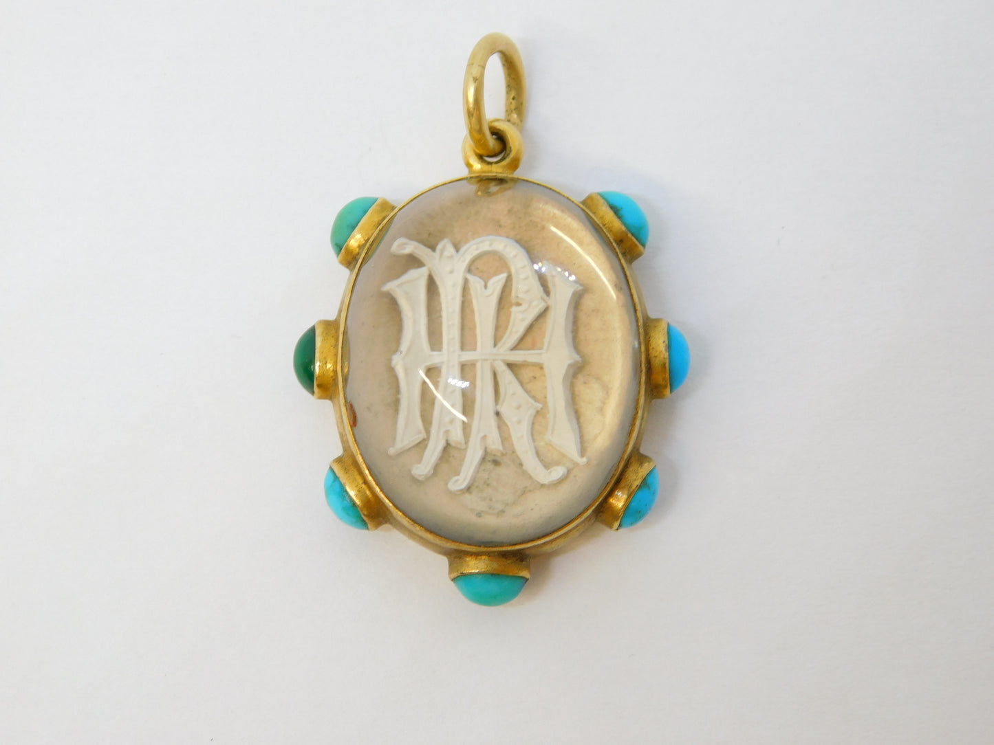 Victorian 18ct Gold, Turquoise, Essex Crystal 'IHR' Mourning Pendant Antique c1860
