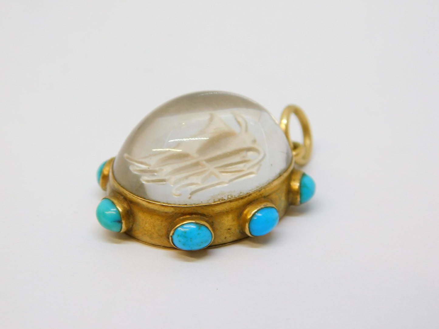 Victorian 18ct Gold, Turquoise, Essex Crystal 'IHR' Mourning Pendant Antique c1860
