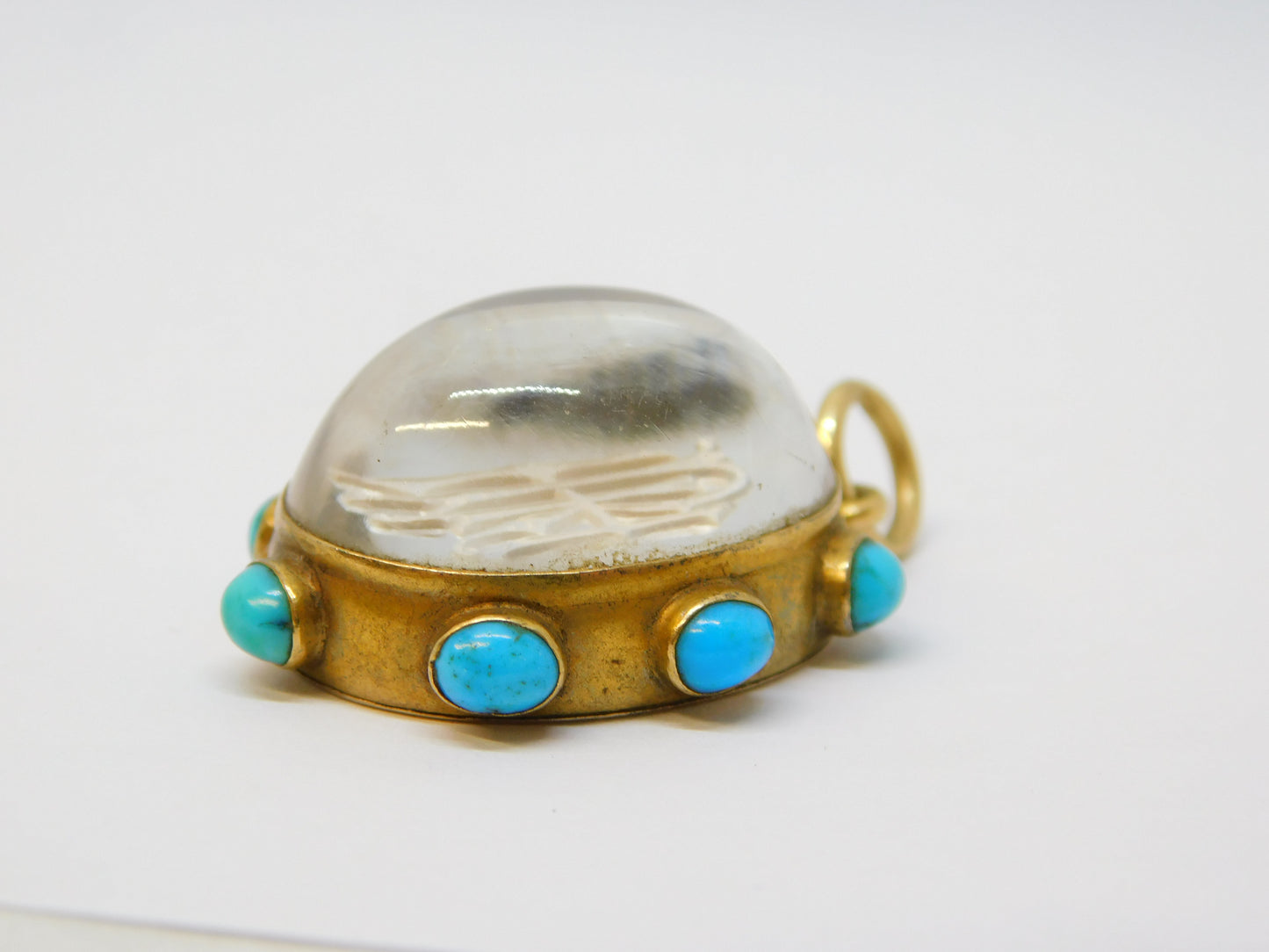 Victorian 18ct Gold, Turquoise, Essex Crystal 'IHR' Mourning Pendant Antique c1860