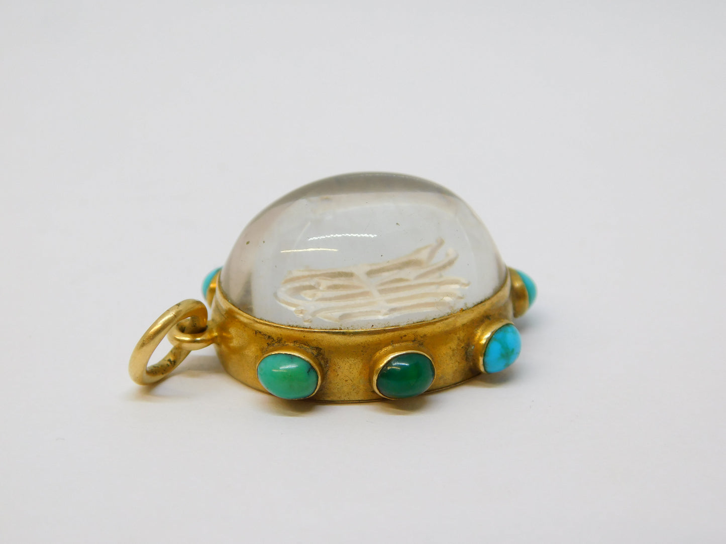Victorian 18ct Gold, Turquoise, Essex Crystal 'IHR' Mourning Pendant Antique c1860