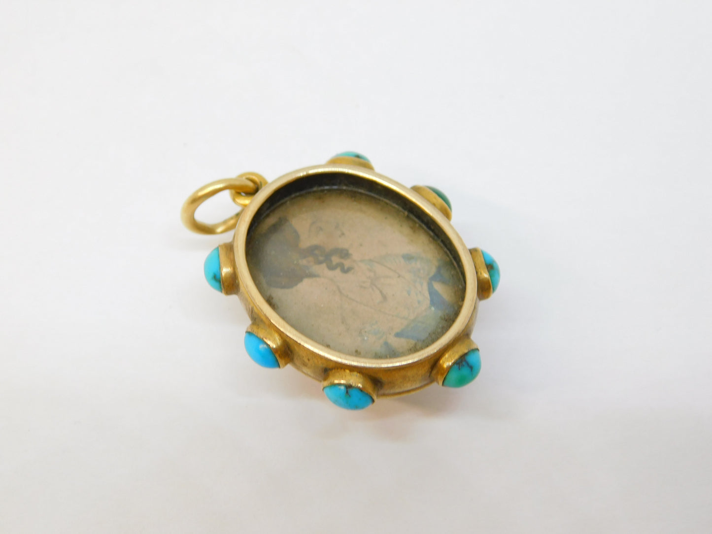 Victorian 18ct Gold, Turquoise, Essex Crystal 'IHR' Mourning Pendant Antique c1860