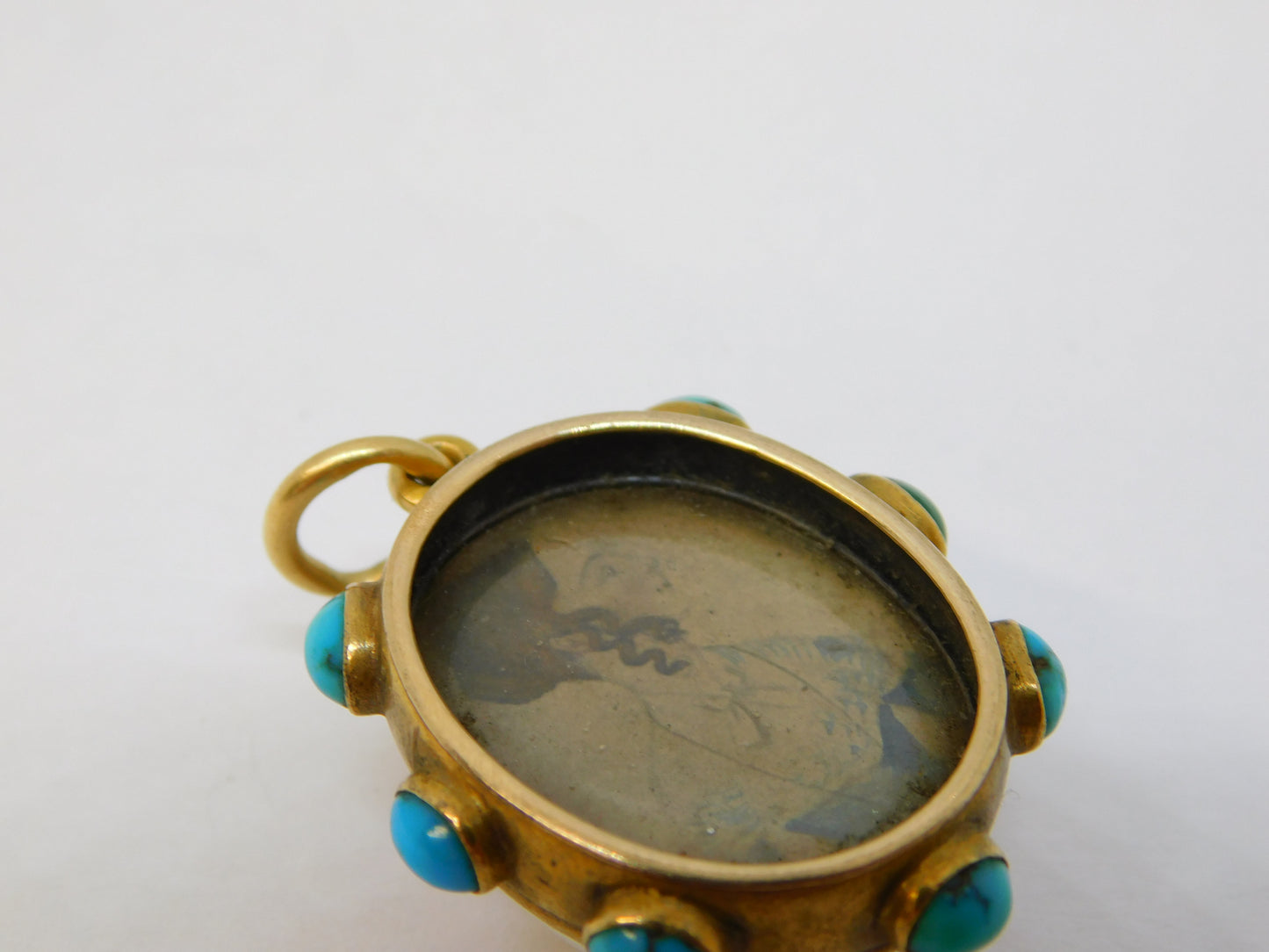 Victorian 18ct Gold, Turquoise, Essex Crystal 'IHR' Mourning Pendant Antique c1860