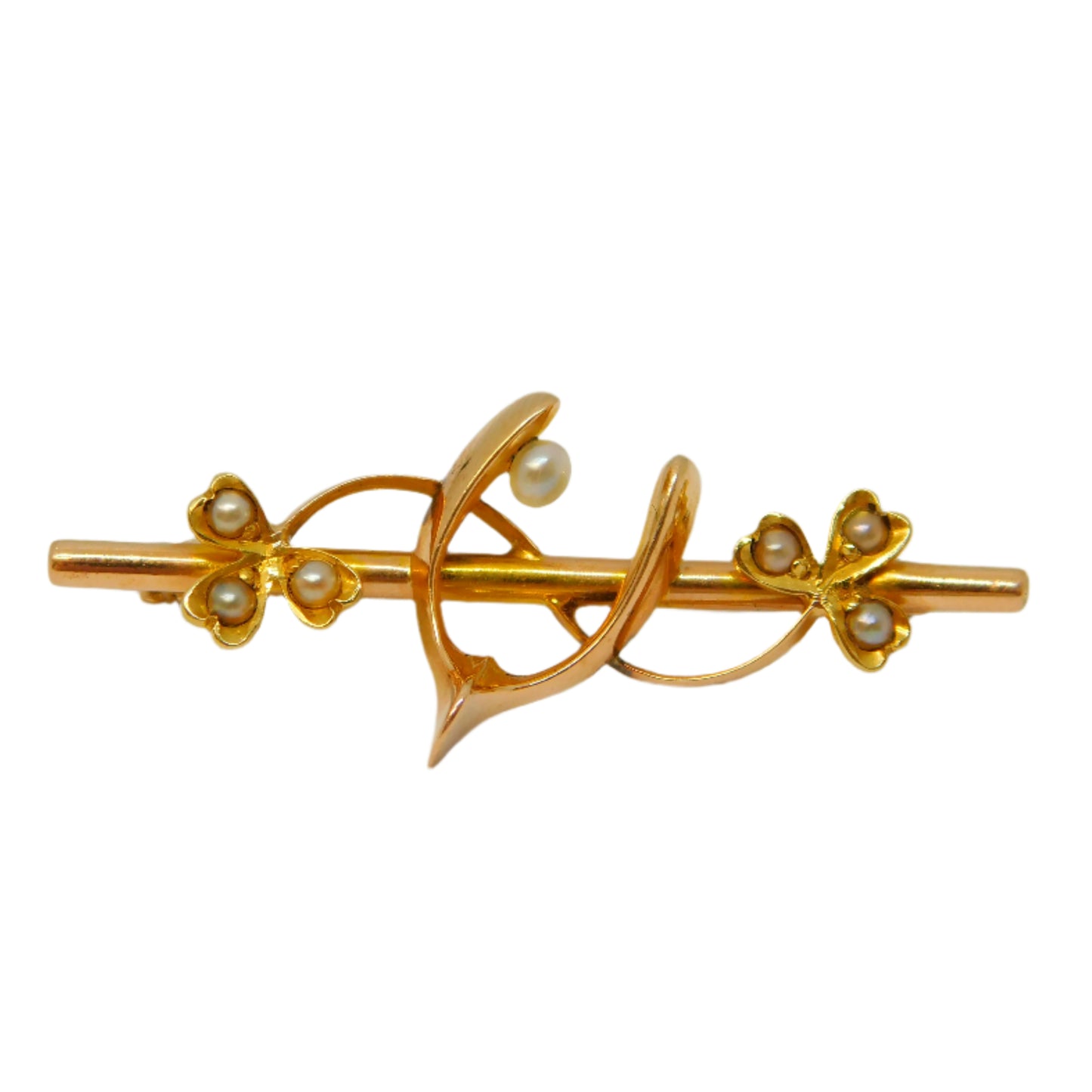Edwardian 15ct Gold & Seed Pearl Wishbone Sweetheart Brooch Antique c1910