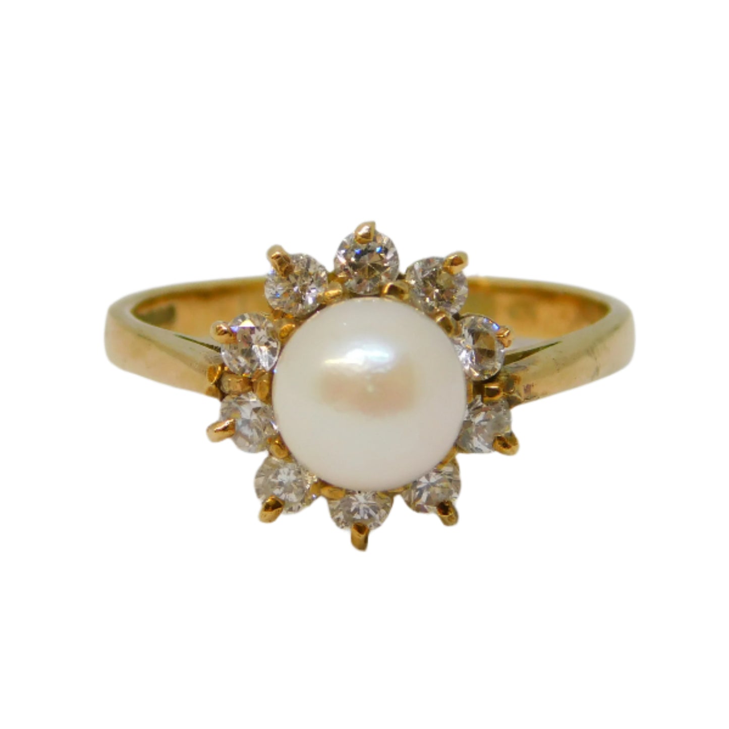 9ct Yellow Gold, Spinel & Pearl Set Floral Cluster Ring Vintage 1998 London